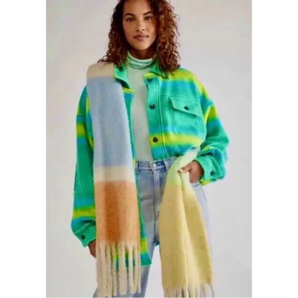 New Free People Ruby West Coast Jacket Ombre Stripe Brushed Thermal Lime Green s
